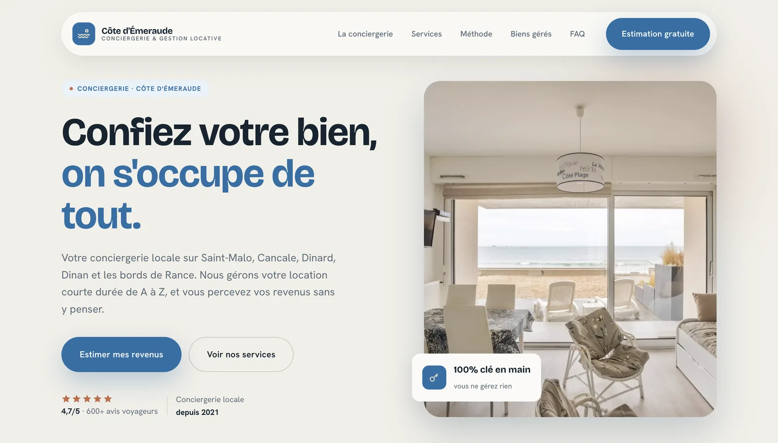 Page d'accueil du site Conciergerie Côte d'Émeraude sur ordinateur