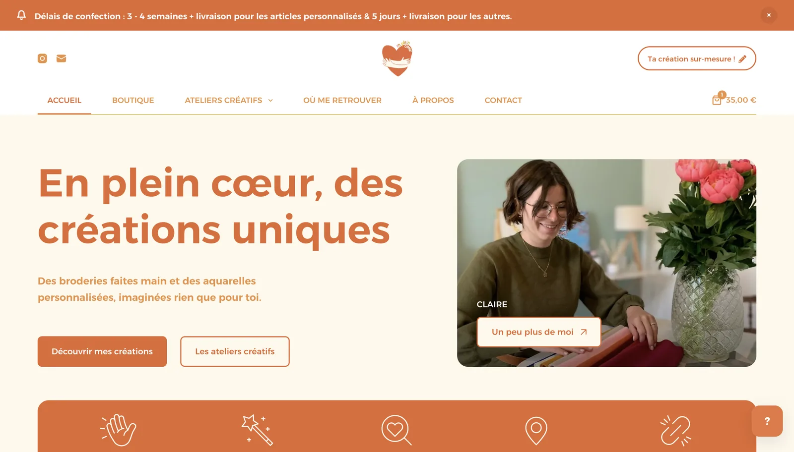 Page d'accueil du site En Plein Cœur Créations sur ordinateur