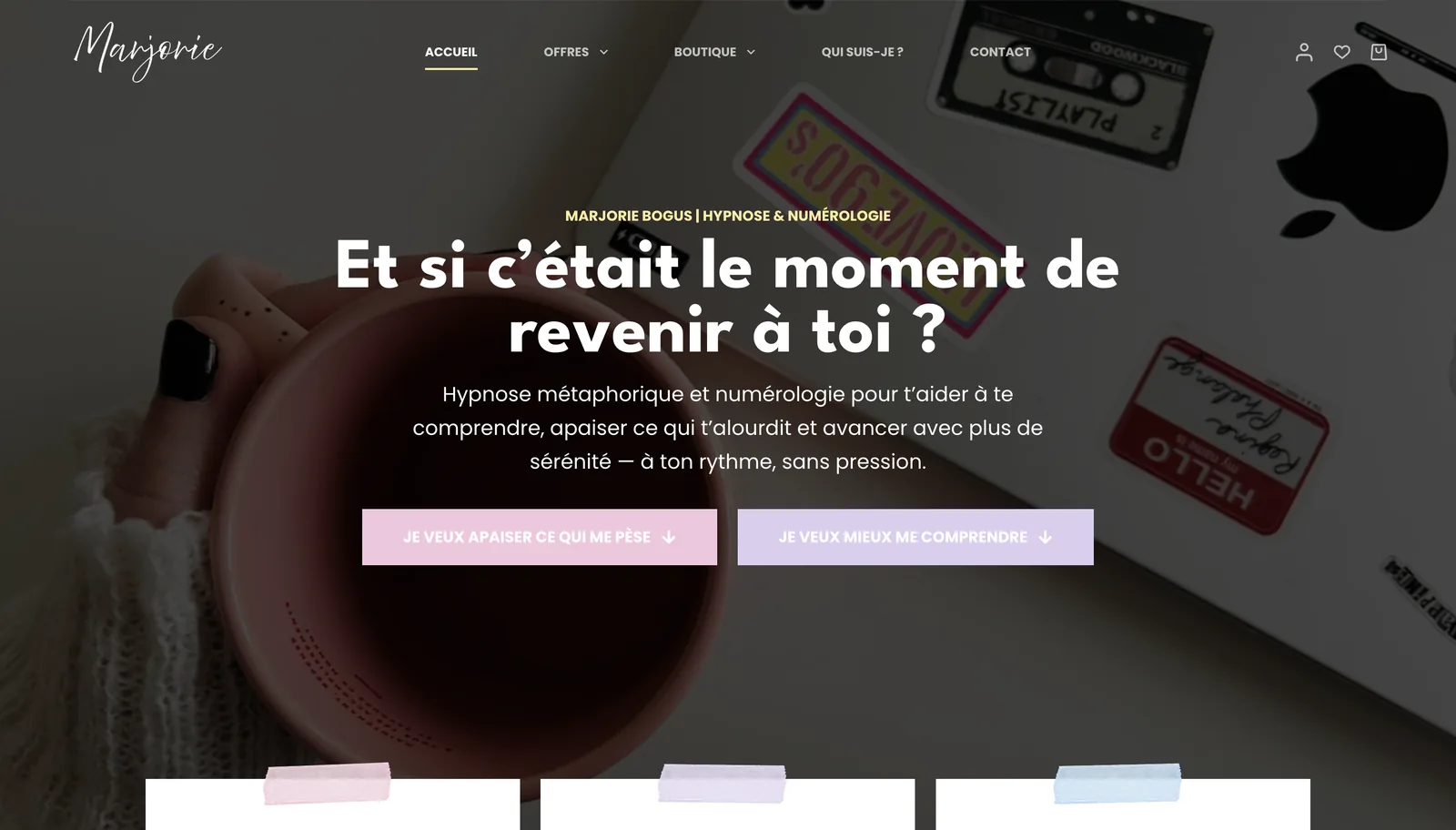 Page d'accueil du site Marjorie Bogus sur ordinateur