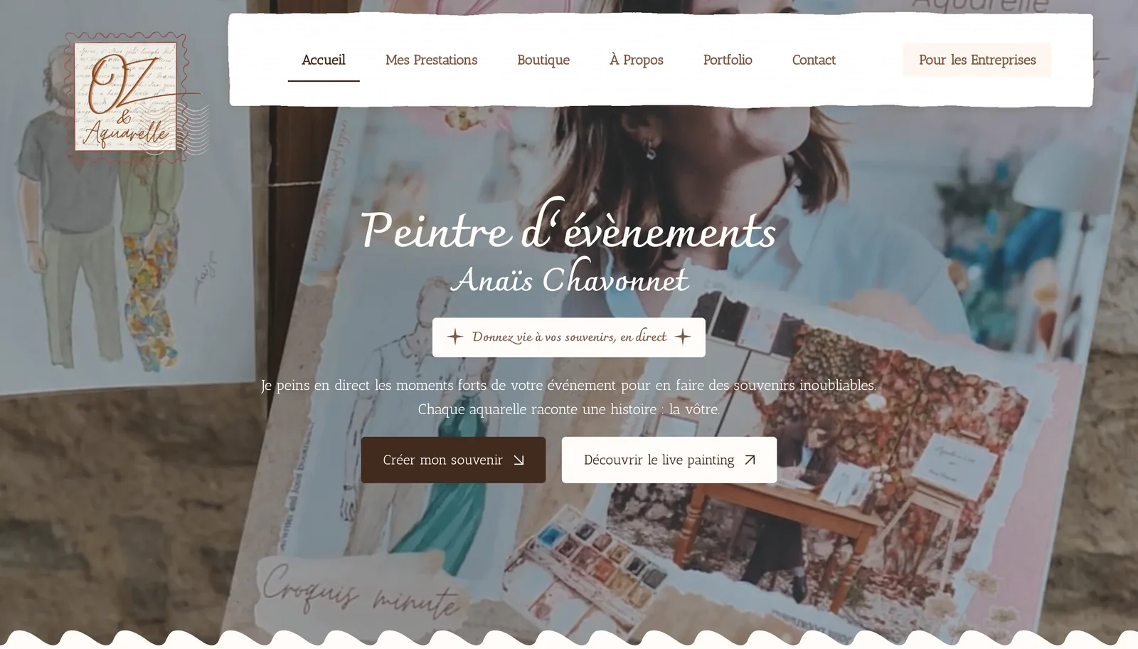 Page d'accueil du site Oz & Aquarelle sur ordinateur