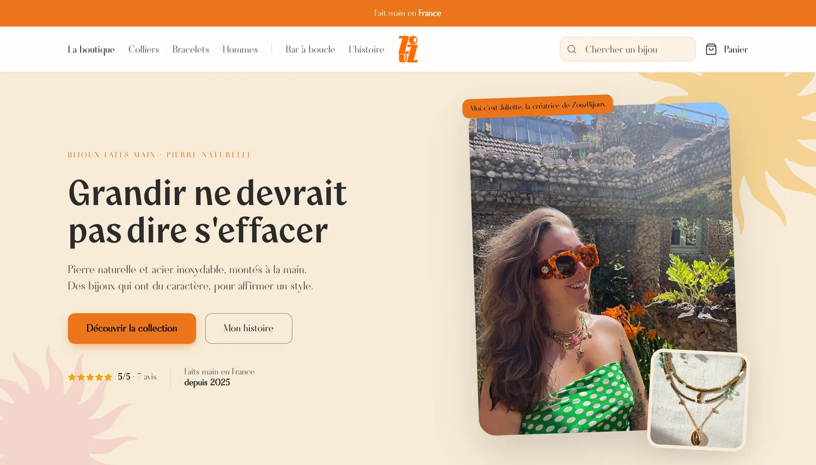 Page d'accueil du site ZouzBijoux sur ordinateur